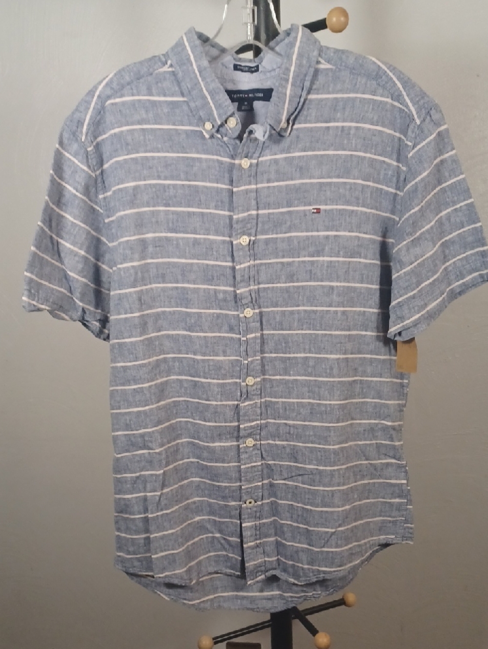 Tommy Hilfiger Blue Striped Linen Blend Short Sleeve Button Down Size Medium